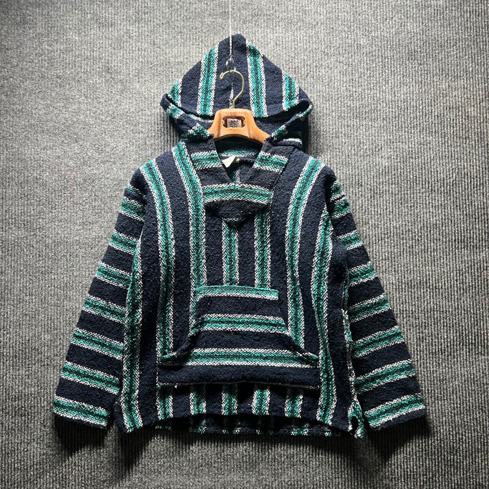 Sunspecs Baja Hoodie Mens Size M‎ Navy Teal Striped Mexican Poncho Drug Rug Surf